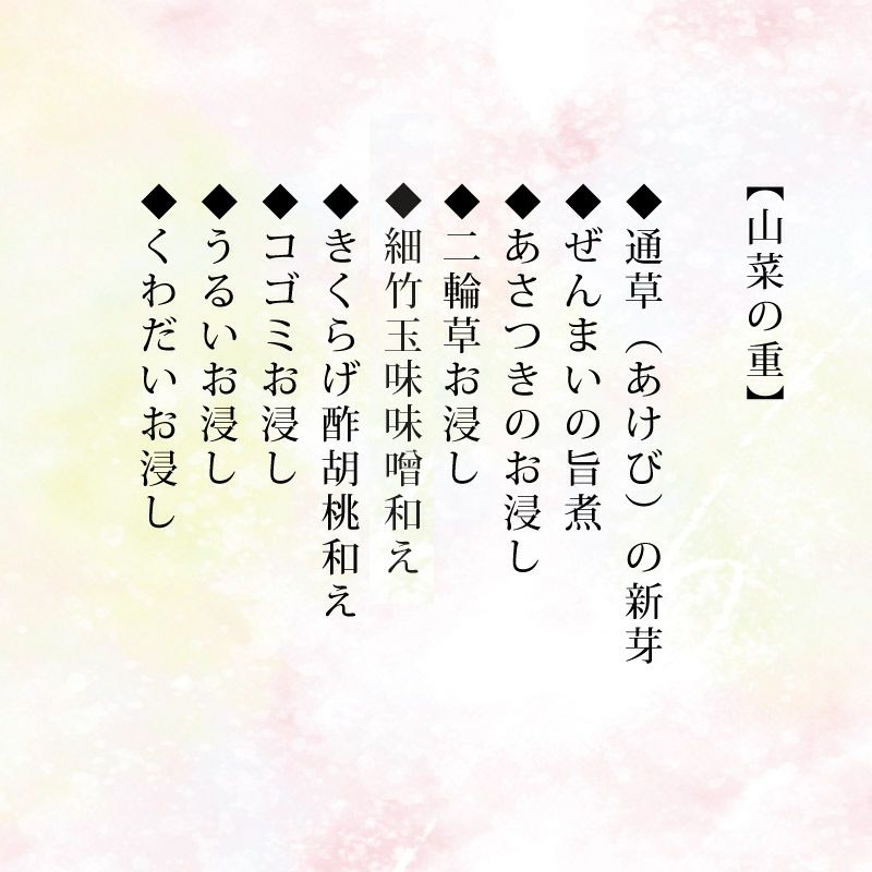 山菜料亭「玉貴」特製 新緑の山菜重箱 一段_2024年お品書き